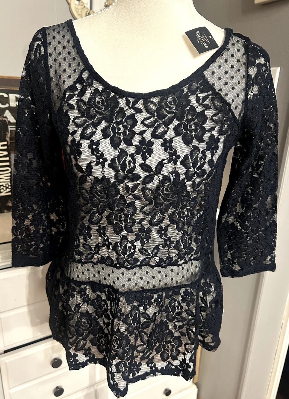 Hollister Navy Blue Lace Peplum Top S Sheer whimsiGoth Babydoll dark Romantic